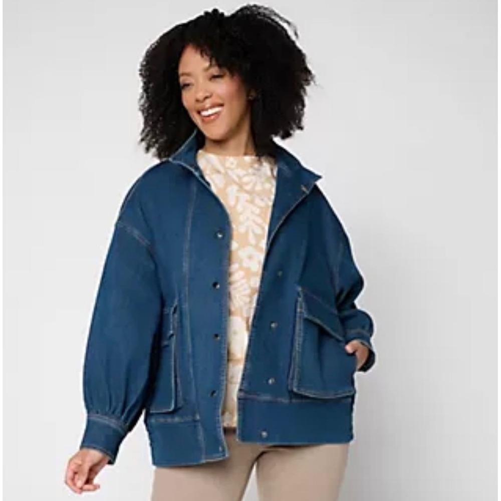 Peace Love World Womens Denim Utility Jacket Blue Oversized Balloon Sleeve L
